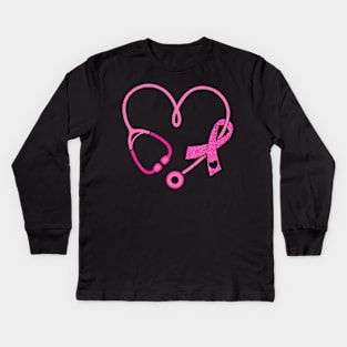 Pink Stethoscope Nurse Medical Breast Cancer Awareness Kids Long Sleeve T-Shirt